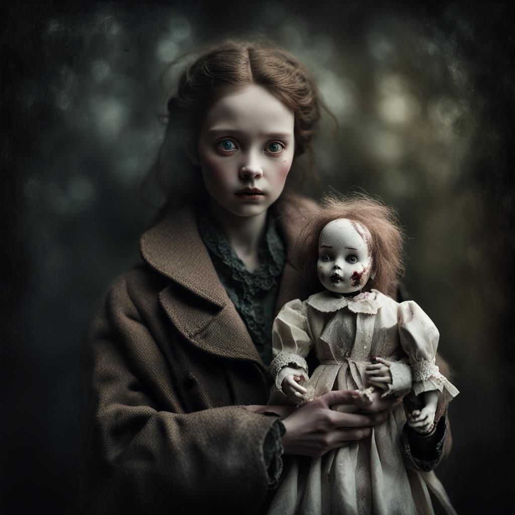Dark Surreal Woman with Doll Portrait