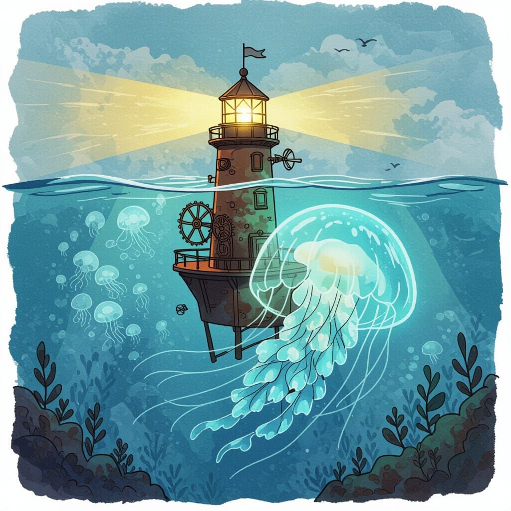 Steampunk Lighthouse Keeper on Giant Jellyfish