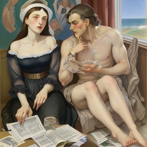 Savings Bank Scene in Realist Surrealist Style