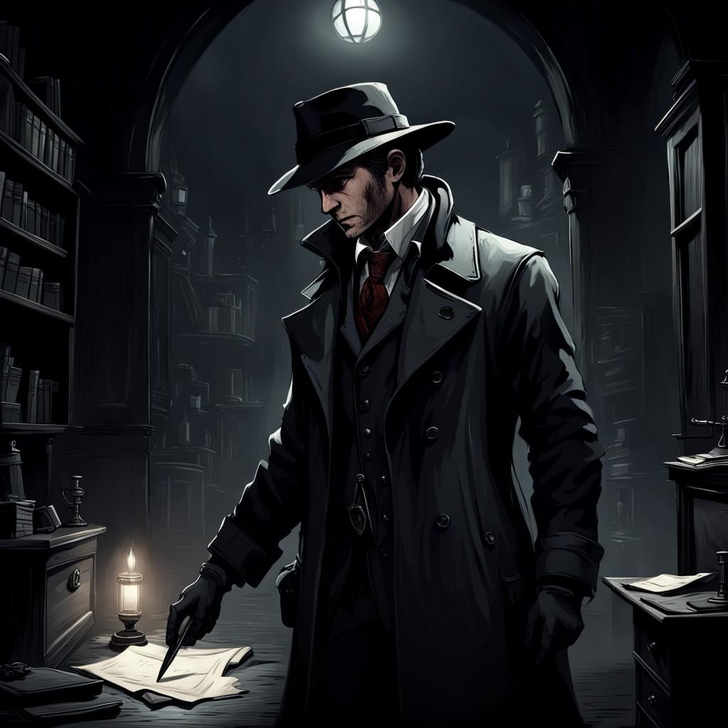 Noir Detective Solving a Case in Bloodborne Style