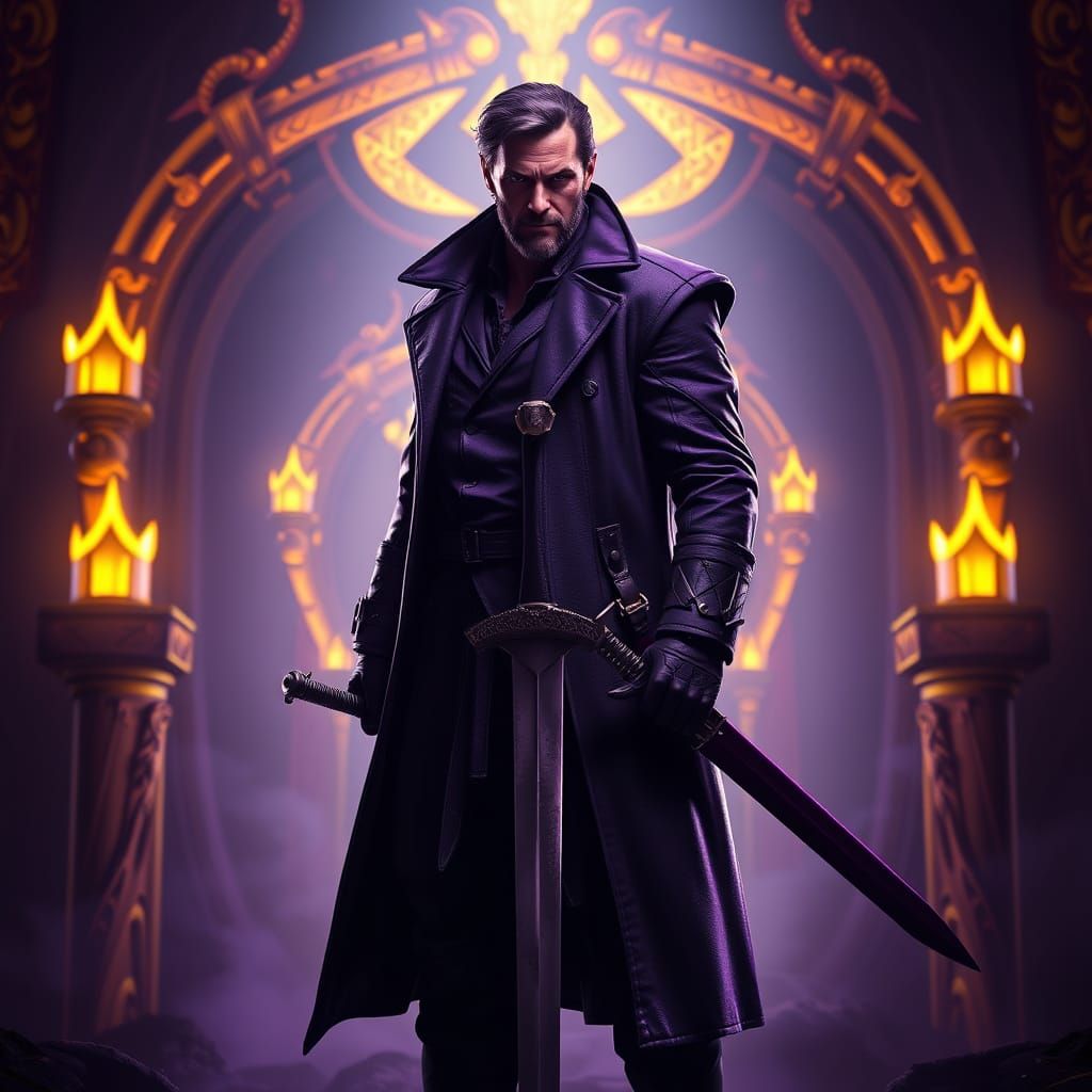 Logan in Dark Realm with Sword, Heroic Pose