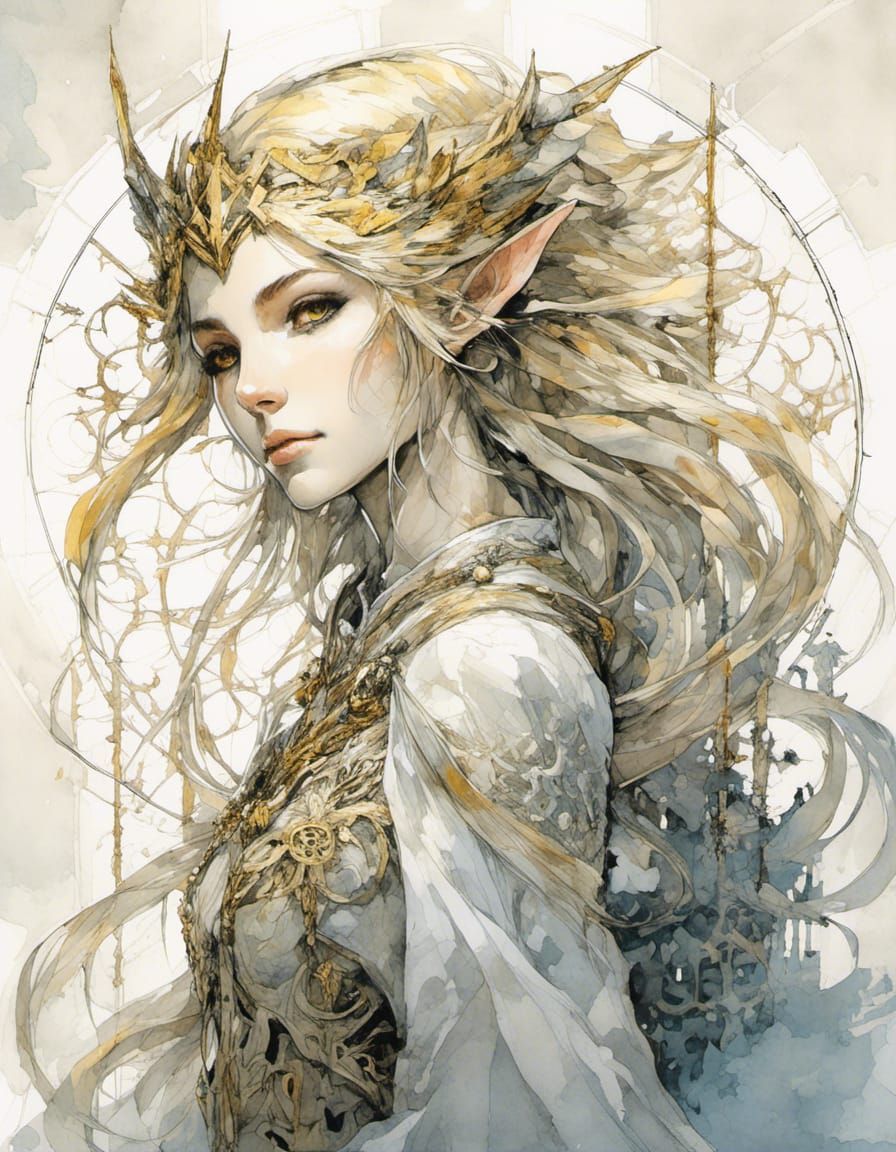 Watercolor Portrait of Golden-Haired Elf Galadriel