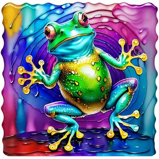 Blue and Magenta Dancing Frog in Alcohol Ink