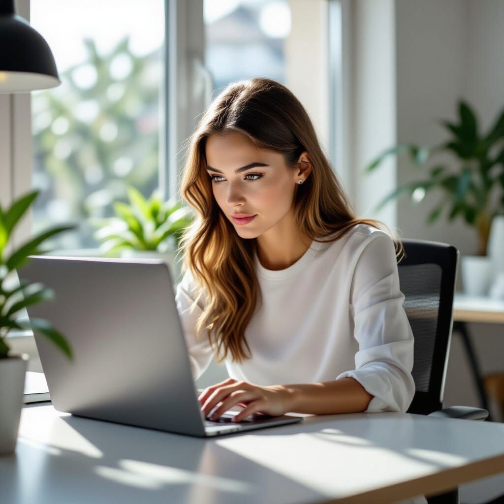 Focused Woman Works on Laptop in Sunlit Modern Workspace