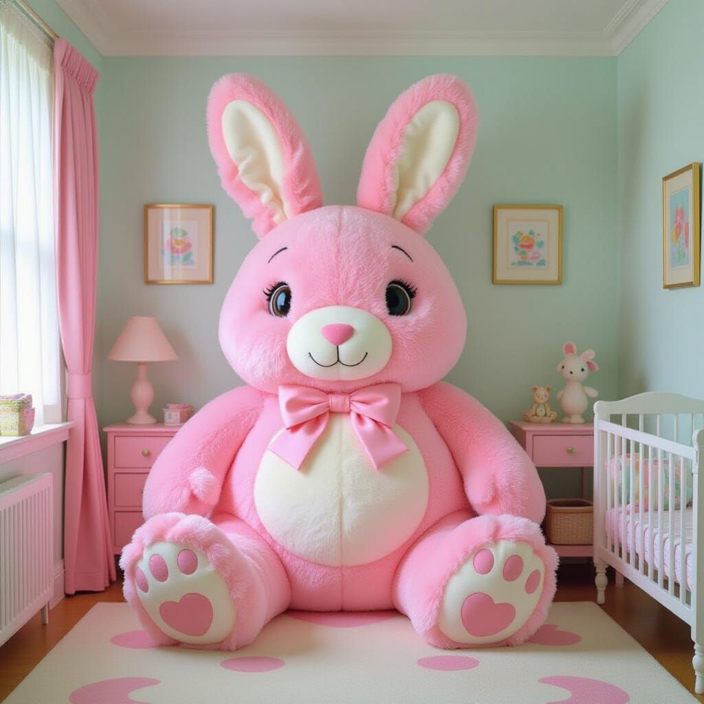 Gigantic Pink Rabbit Toy in Whimsical Pastel Room