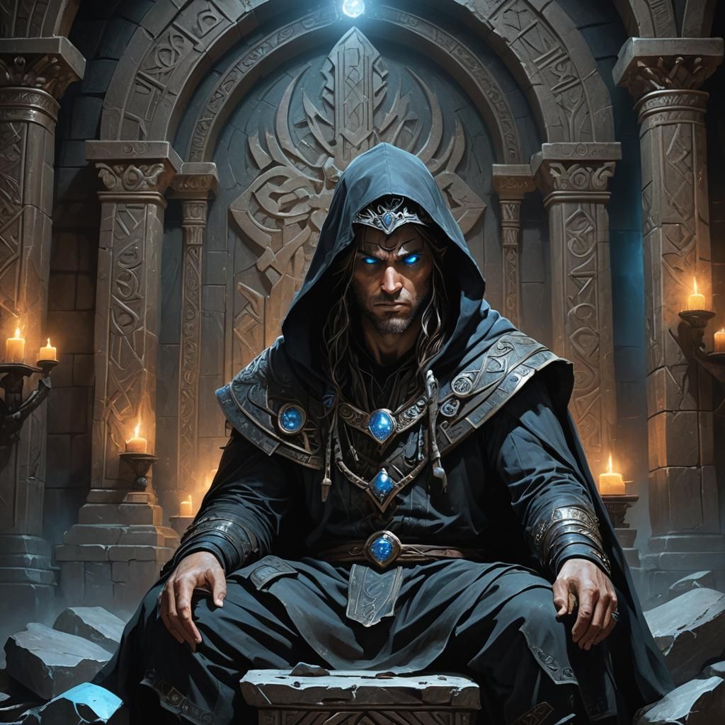 Hooded Figure on Stone Throne, Digital Art