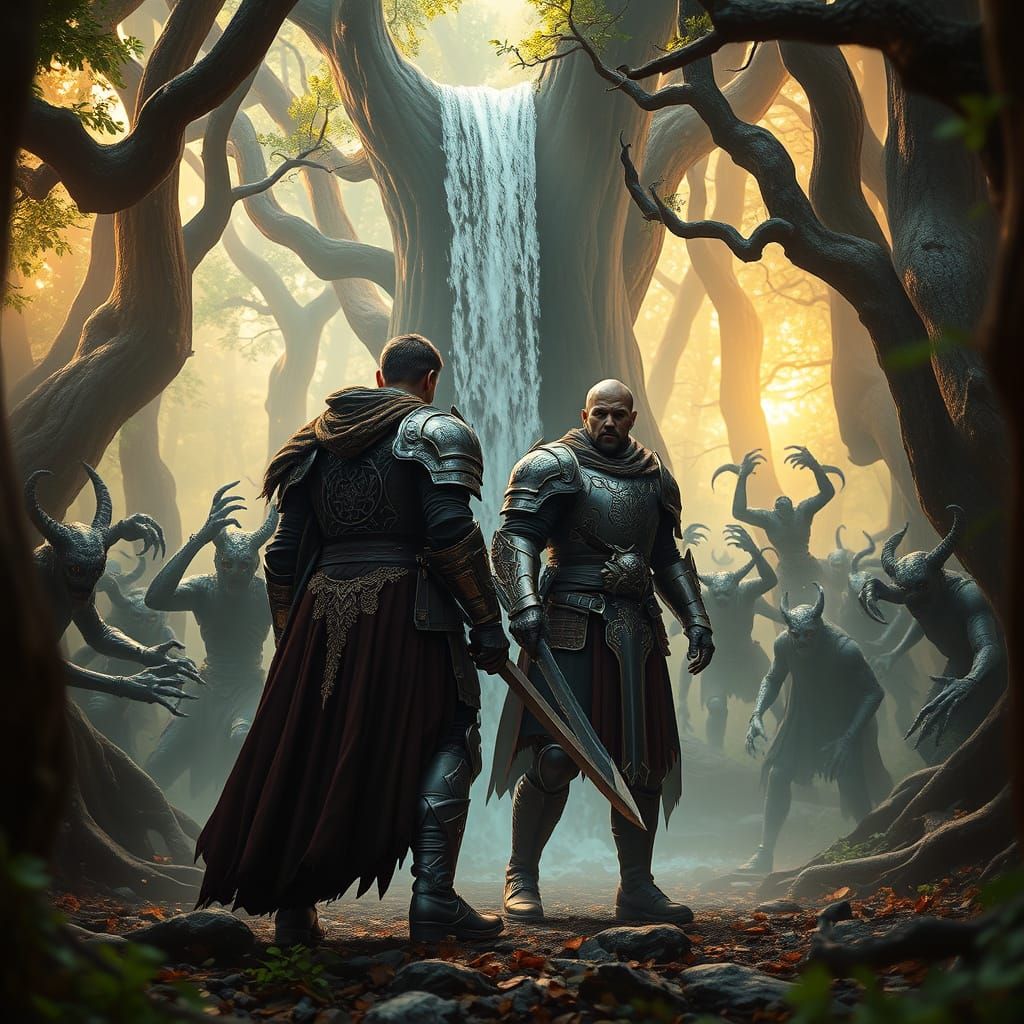 Fantastical Battle in a Lush Forest Landscape
