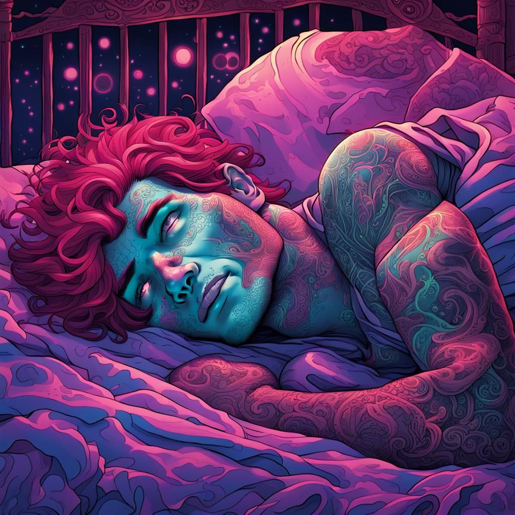 Bioluminescent Comic Art: Man with Glowing Tattoos