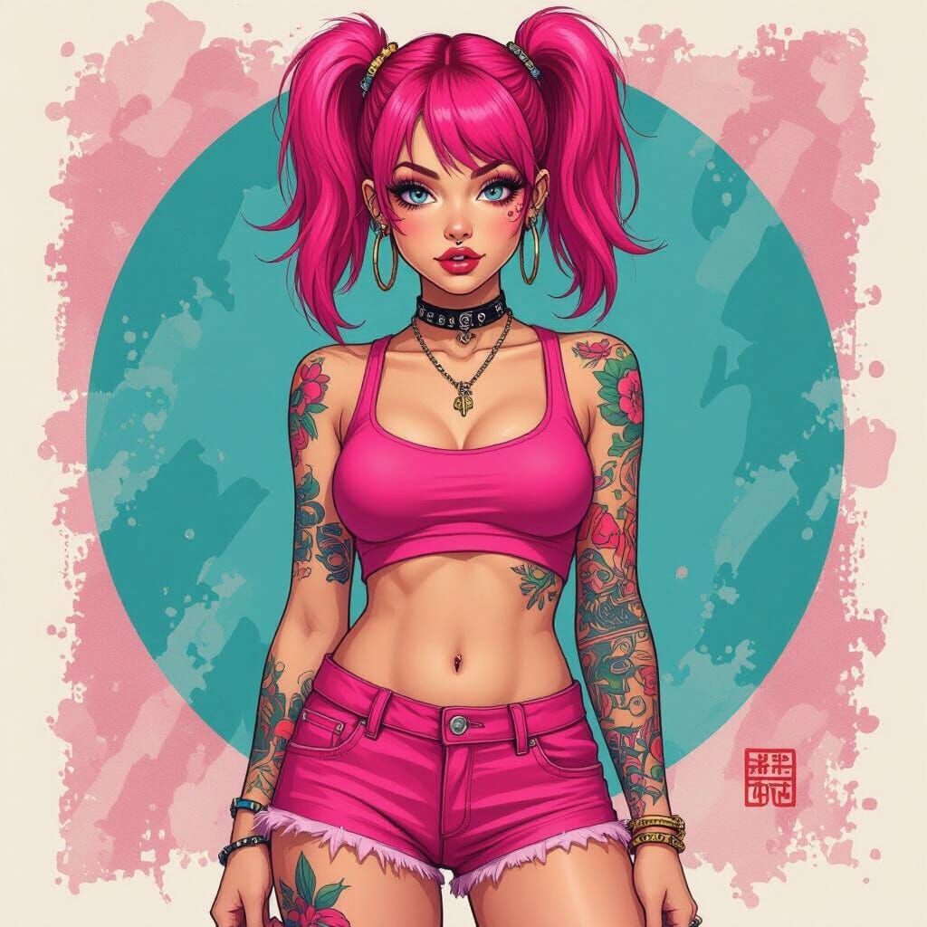 Emo Girl with Pink Hair in Digital Art Style