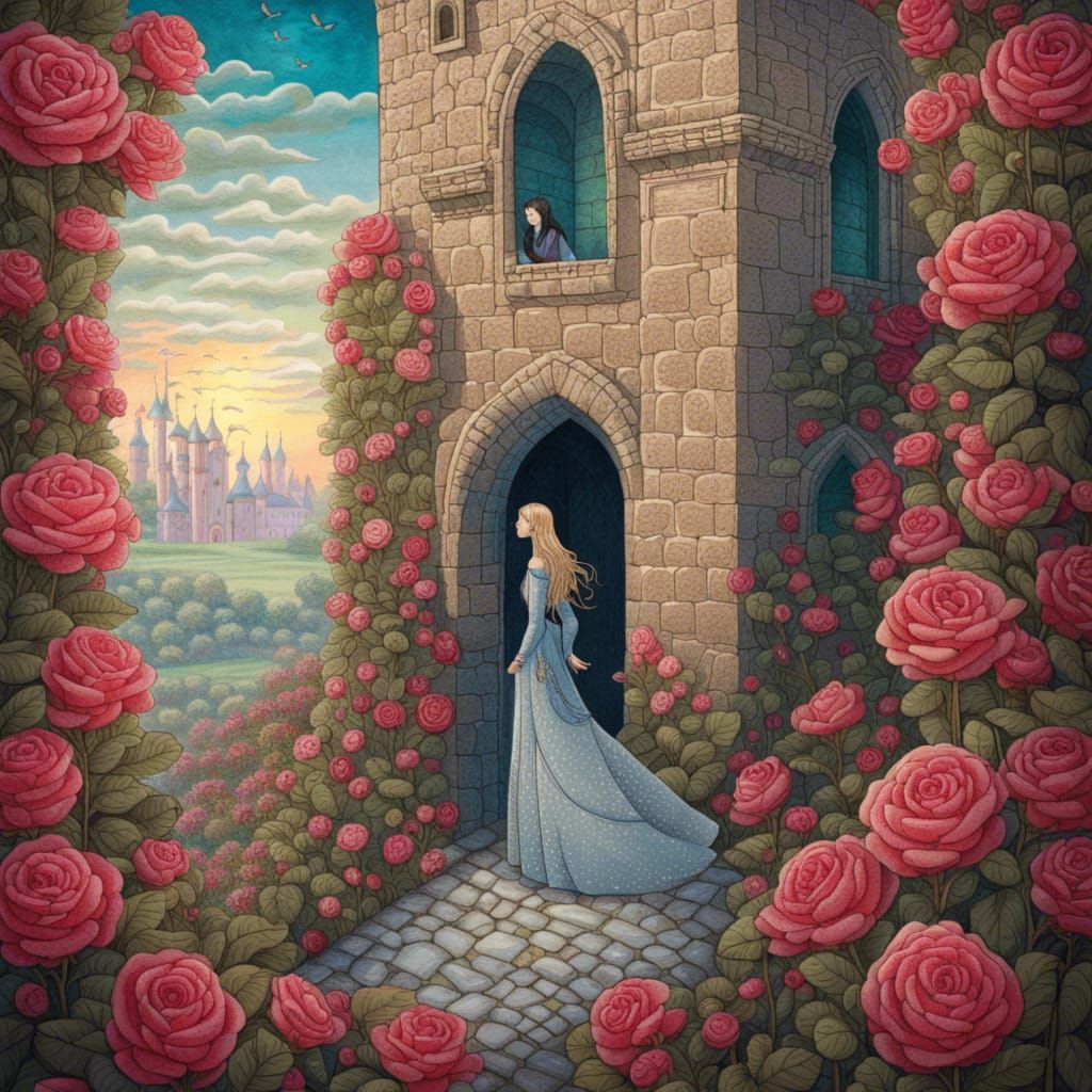 Prince in Rose Maze with Tower and Princess