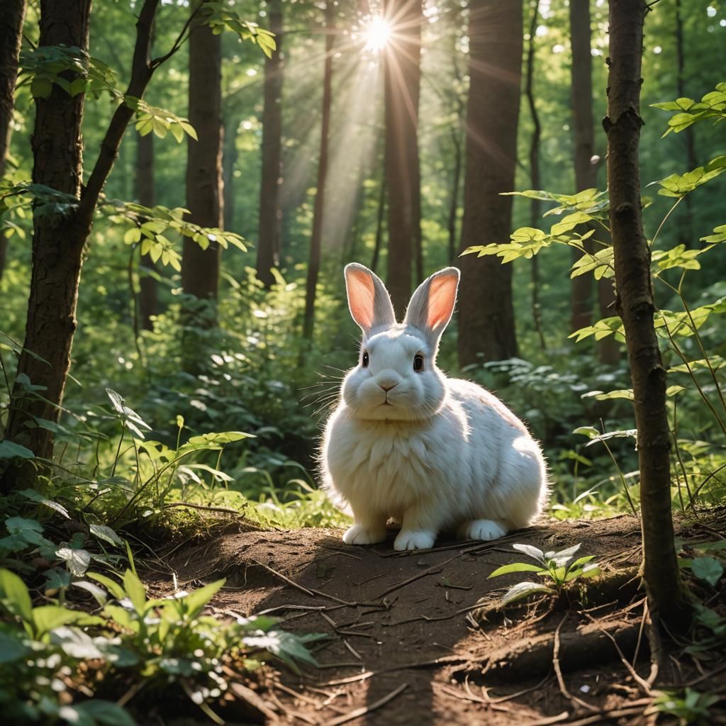 White Rabbit Lost in Forest at Sunrise