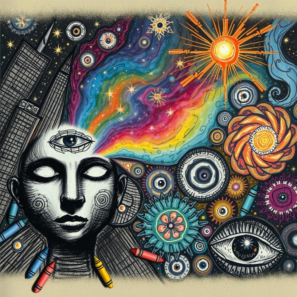 Whimsical Crayon City in Cosmic Starry Night