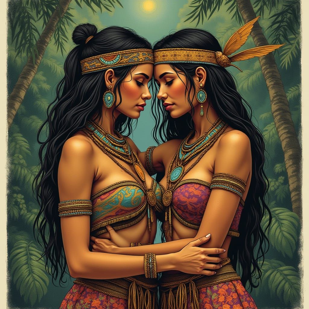 Amazonian Women Embrace: Ethnological Etching Poster