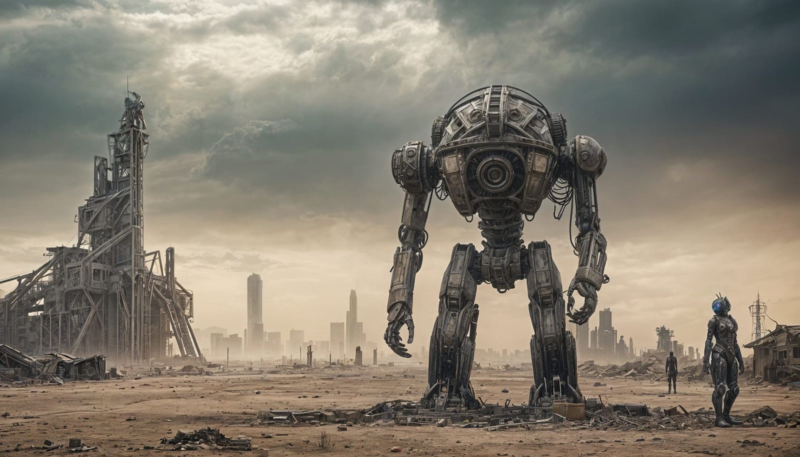 Dystopian Robot Statue in Post-Apocalyptic Wasteland