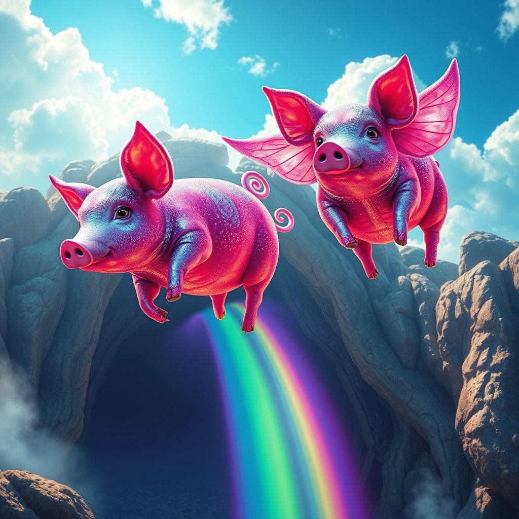 Iridescent Winged Pigs Soaring on Rainbows
