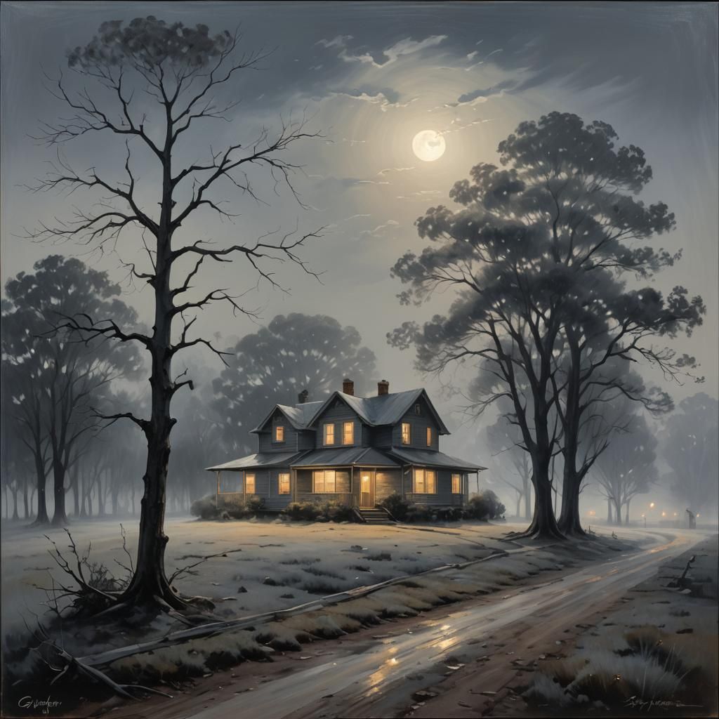 Luminous Moonlit Scene in Soft Gray Tones, with Dreamy Atmos...
