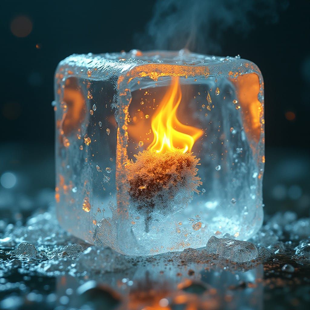 Golden Flame Within Transparent Ice