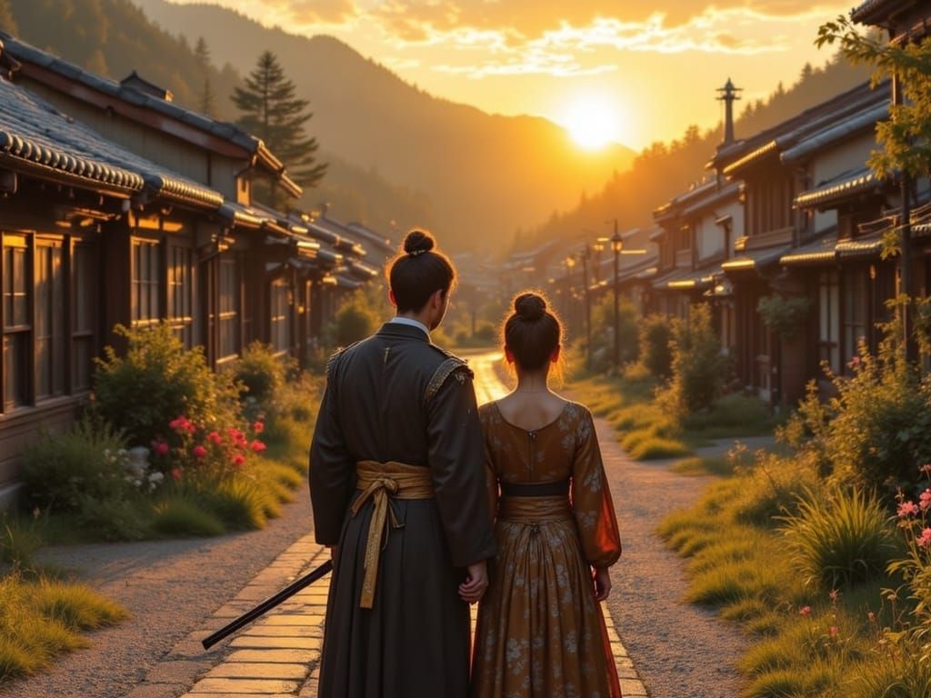Golden Light Samurai Couple Find Peace in Delapidated Japane...