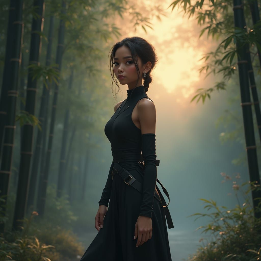 Serenely Empowered Black Ninja in Tranquil Natural Setting, ...