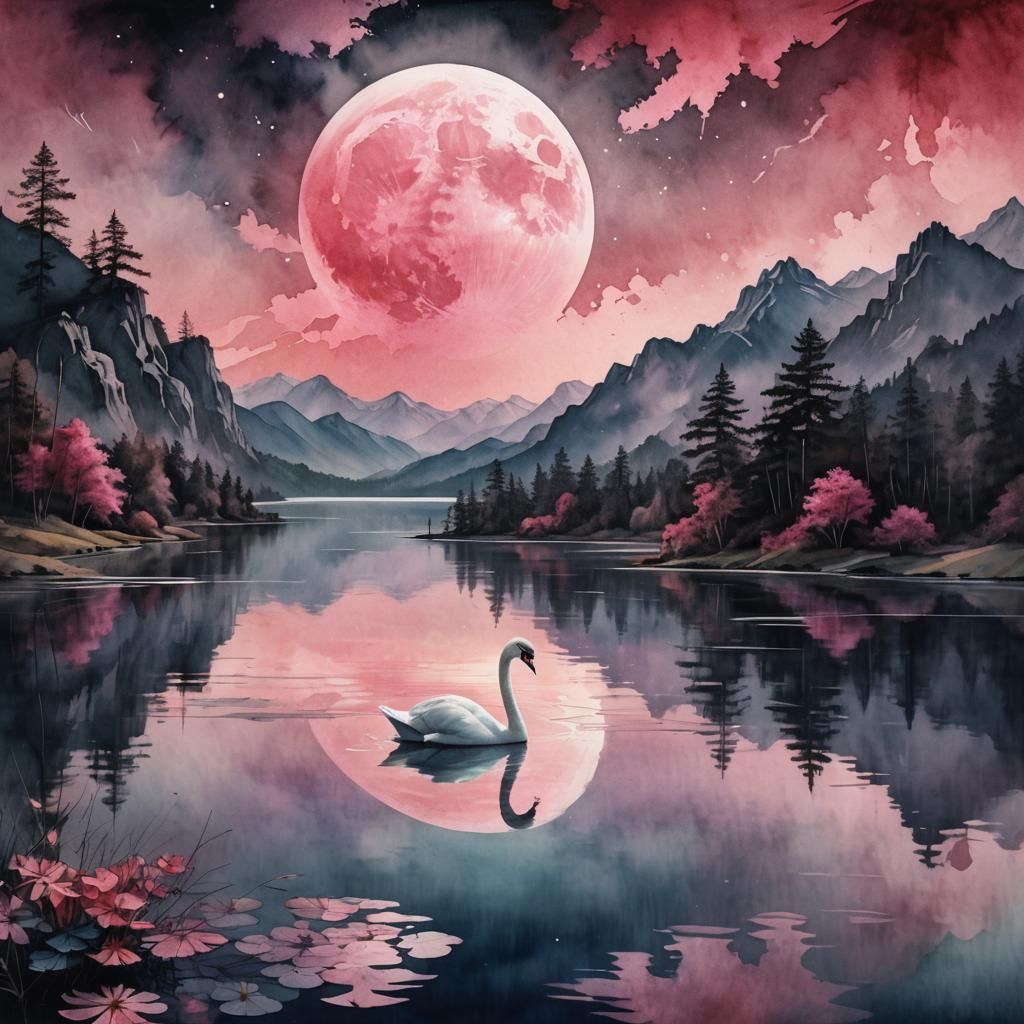 Colorful Lake at Night in Watercolor Style