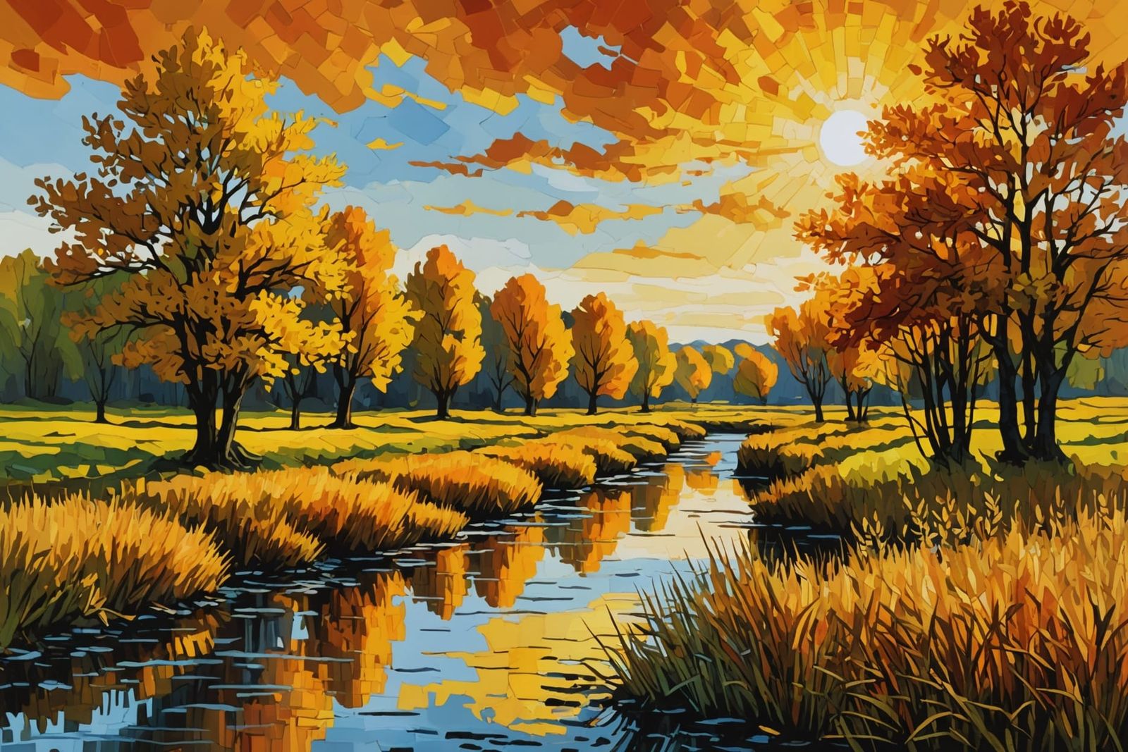 Golden Sunset Landscape in Van Gogh Style