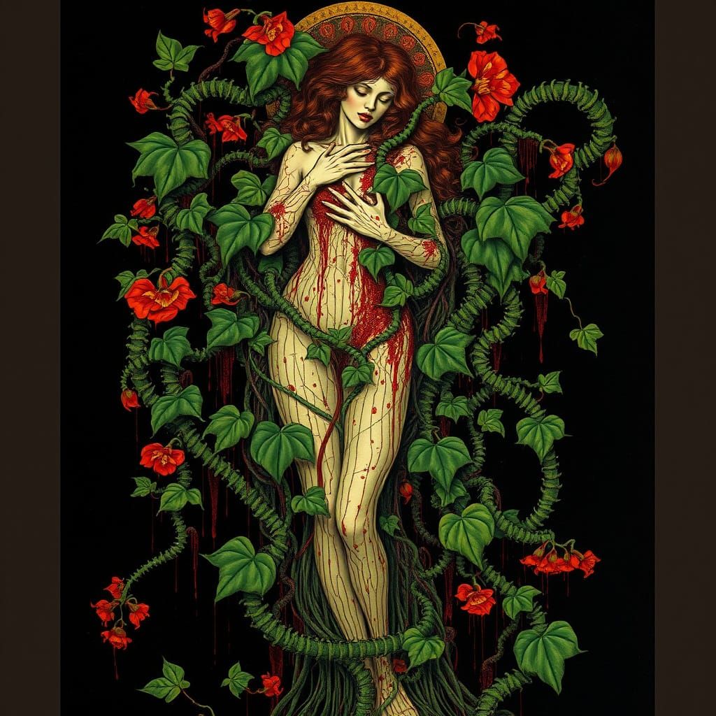 Bloodied Poison Ivy in Klimt-Inspired Horrorcore Style