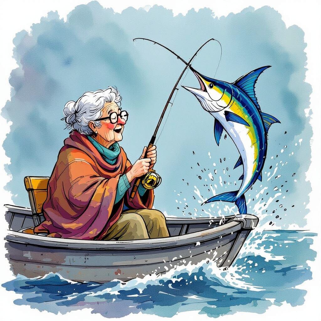 Grandmother's Marlin Adventure: Whimsical Fishing Scene