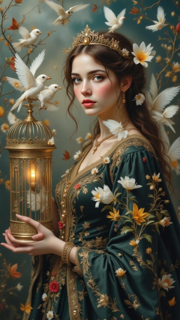 Woman Releasing Birds, Pre-Raphaelite Style