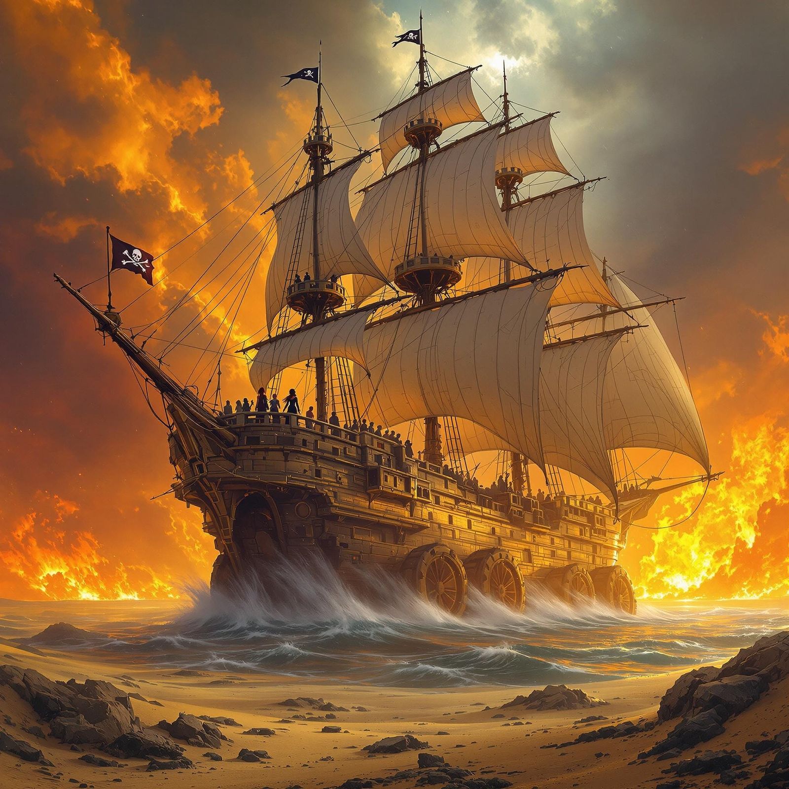 Surreal Pirate Ship Conquers Storm-Torn Desert Landscape