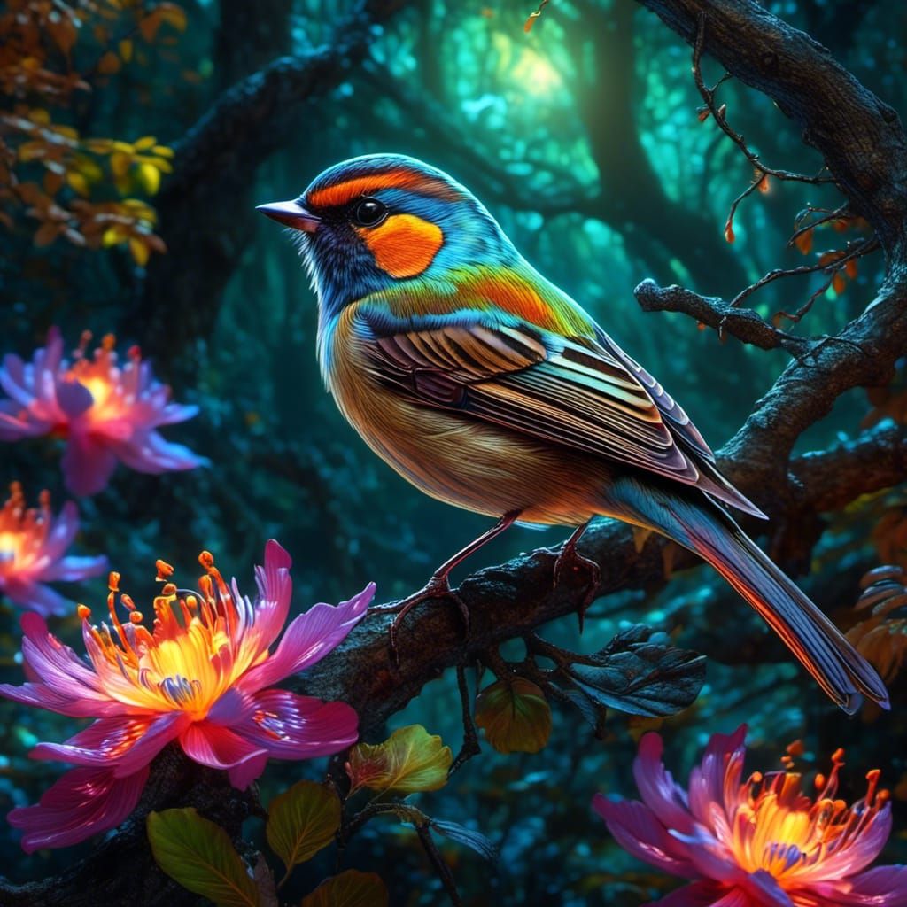 Bioluminescent Bird in Elven Palace: 3D Photorealistic Art