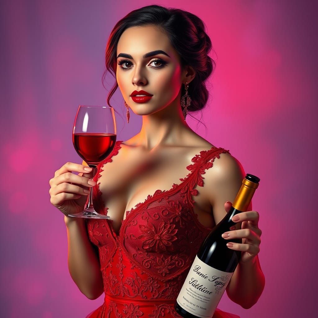 Elegant Woman in Crimson Red Evening Dress Celebrates Valent...