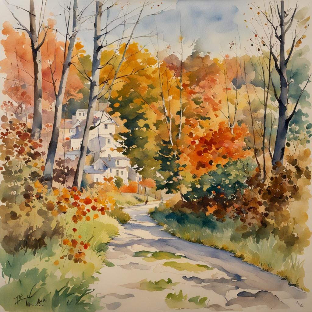 Autumnal Landscape in Watercolor Style
