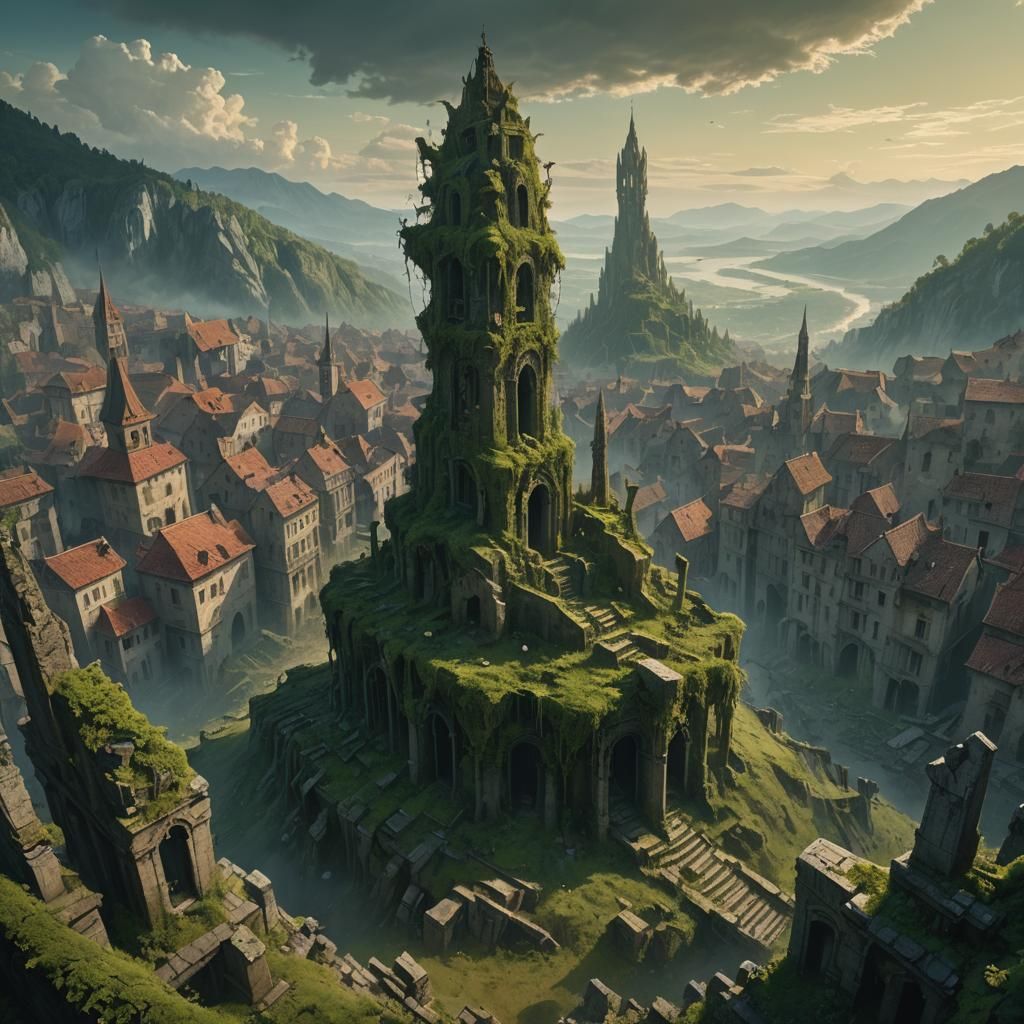 Mystical Stone Monument in Ruined Cityscape