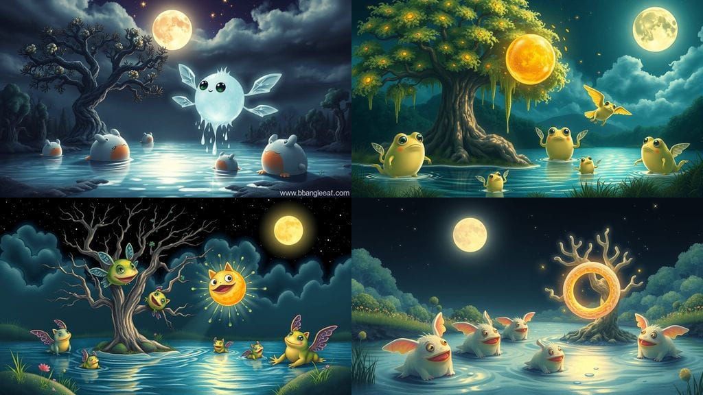 Whimsical Creatures Dance Under a Glimmering Moonlight Sky