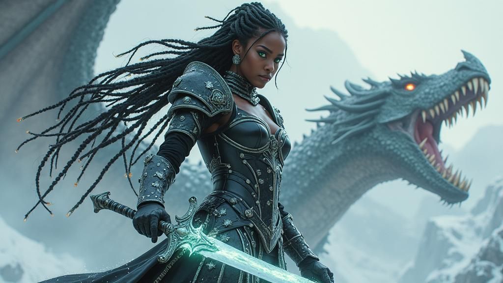 Storm Queen Battles Dragon in Digital Art Style