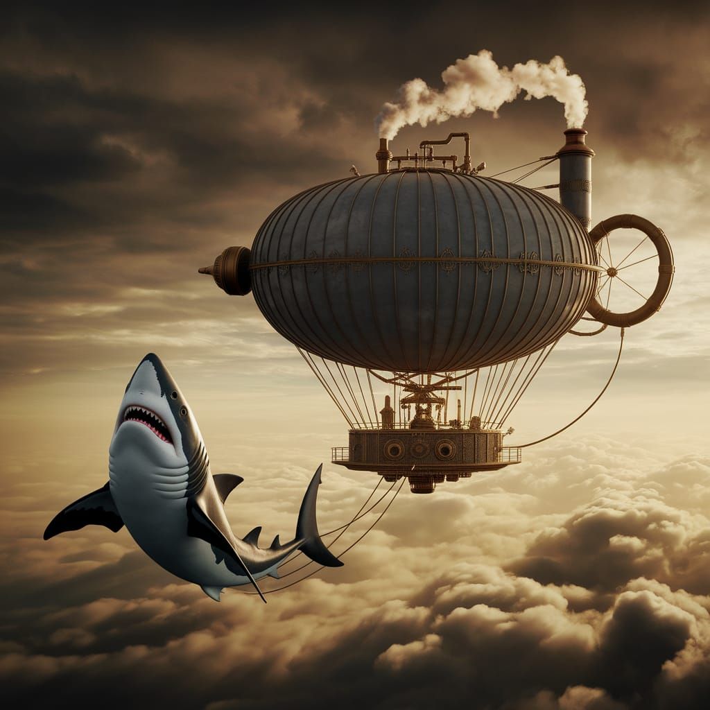 Steampunk Teacup Airship Soars with Majestic Shark