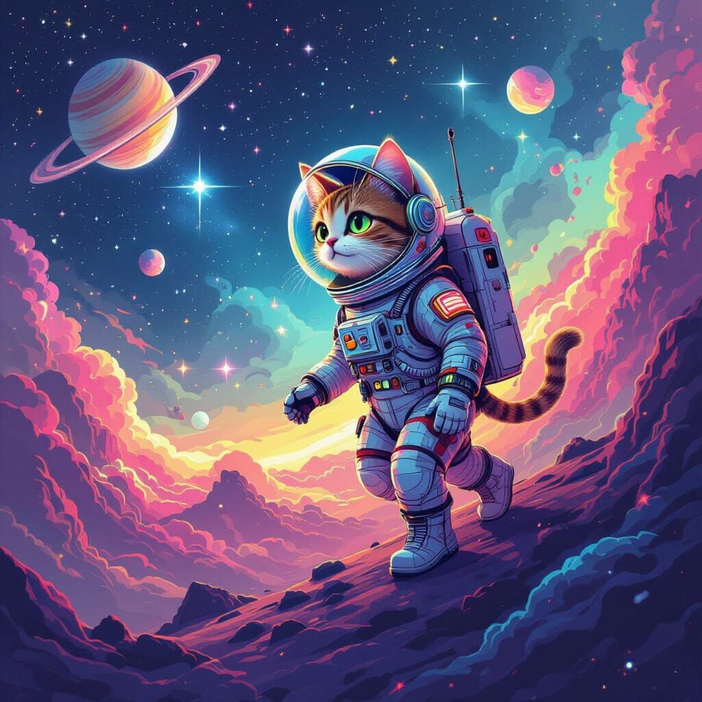 Astronaut Cat Explores Vibrant Nebula in Retro Style