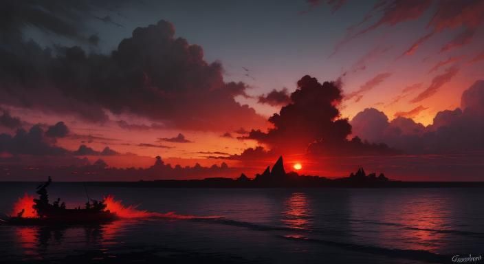 Sinister Crimson Sunset Over Tropical Island