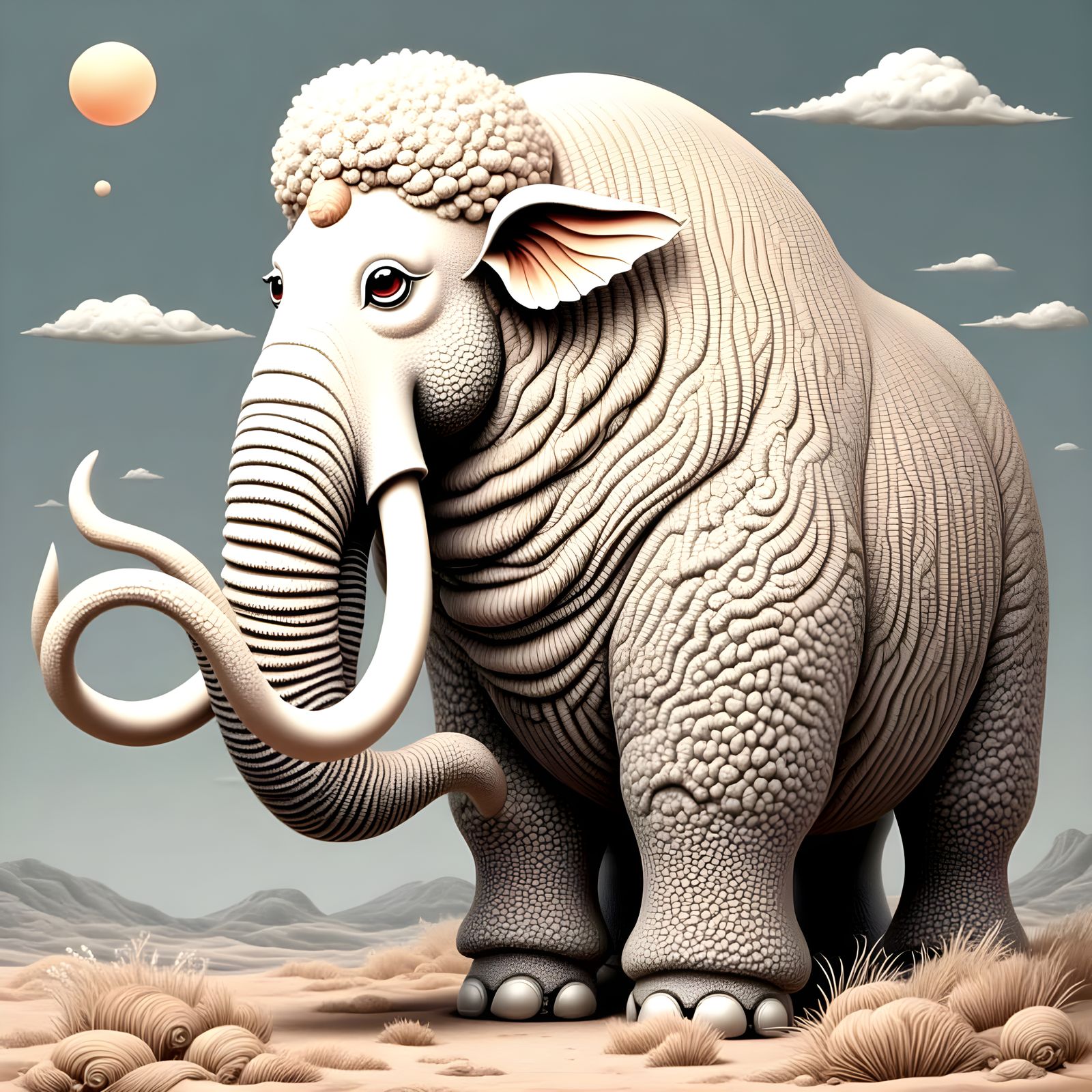 Surreal Albino Wooly Mammoth in Warm Cinnamon Hues