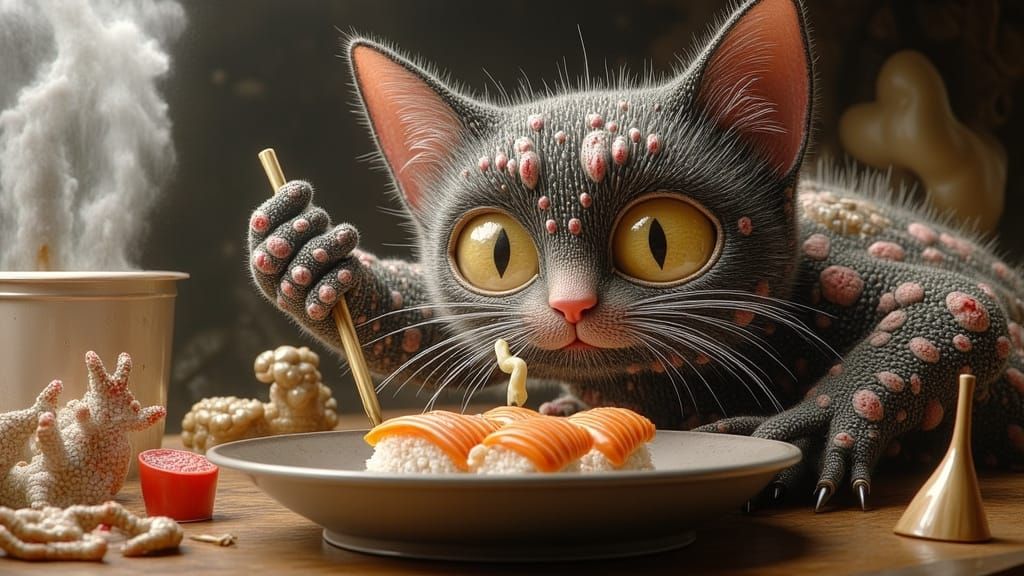 Surreal Cat Eating Sushi with Chopsticks
