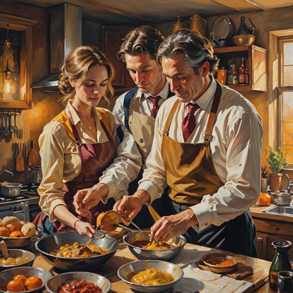 Elegant Couple Serving Cook in Oil Painting
