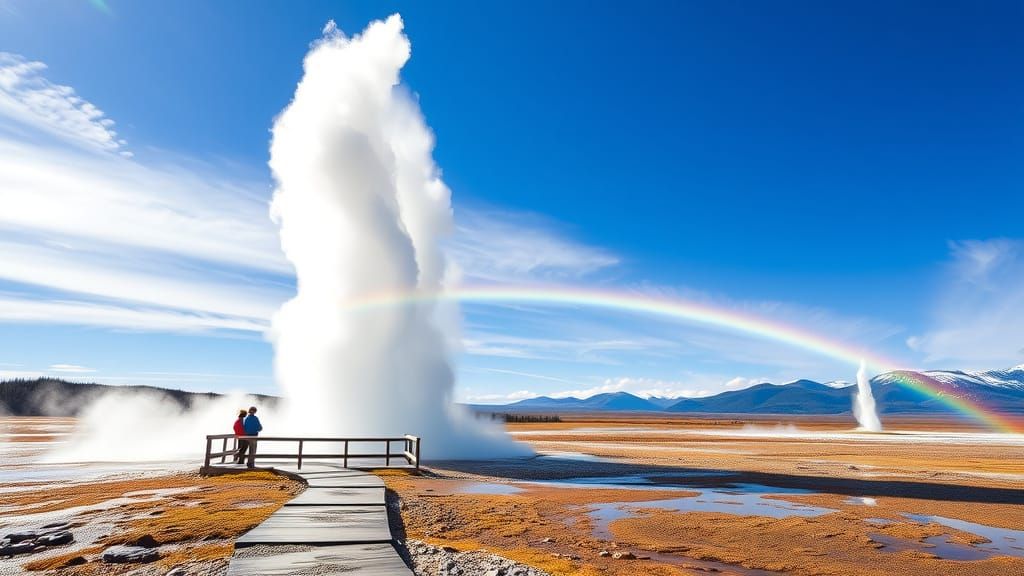 Powerful Geyser Erupts Under Sunny Skies with Rainbow