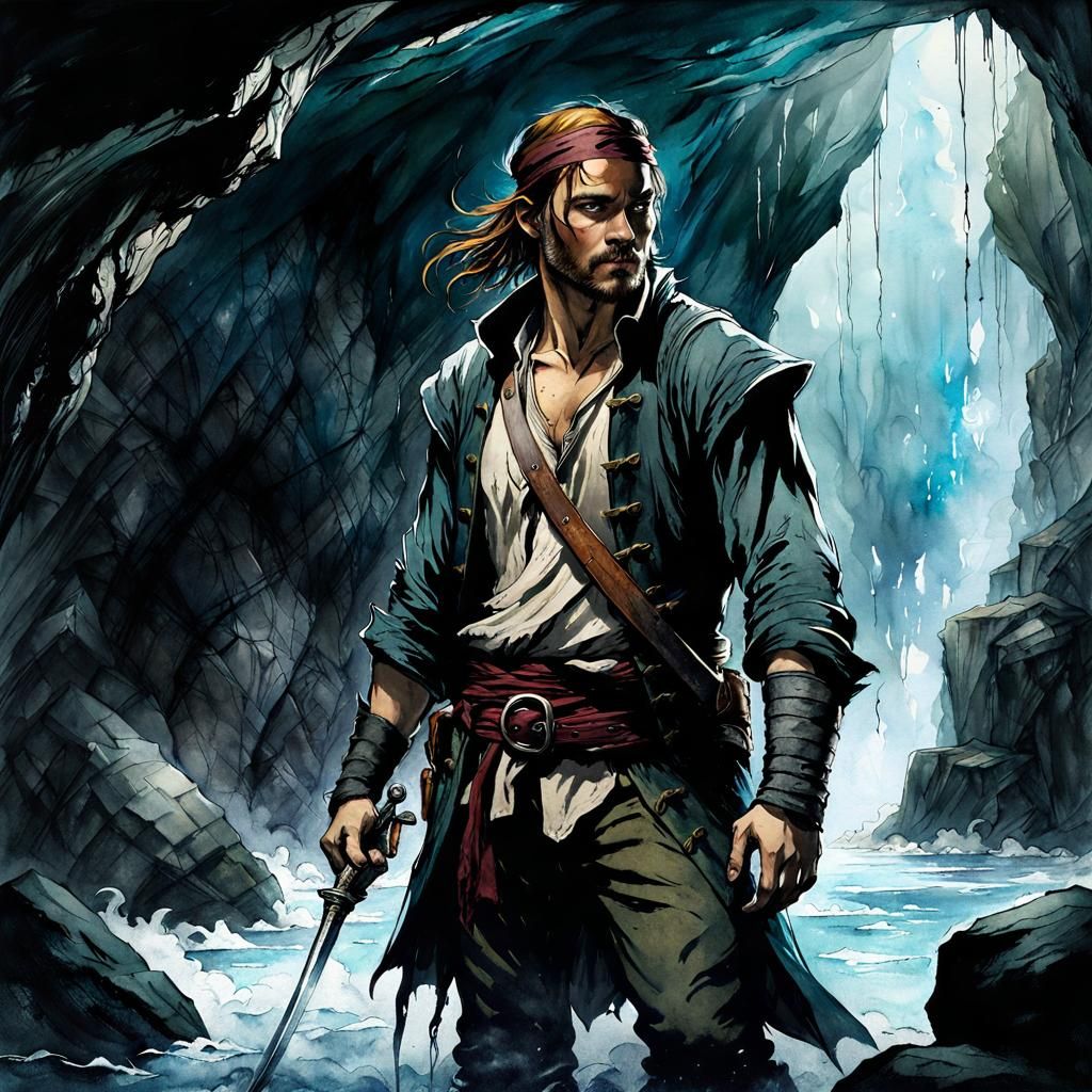 Pirate in Watery Cave: Dark Watercolor Painting