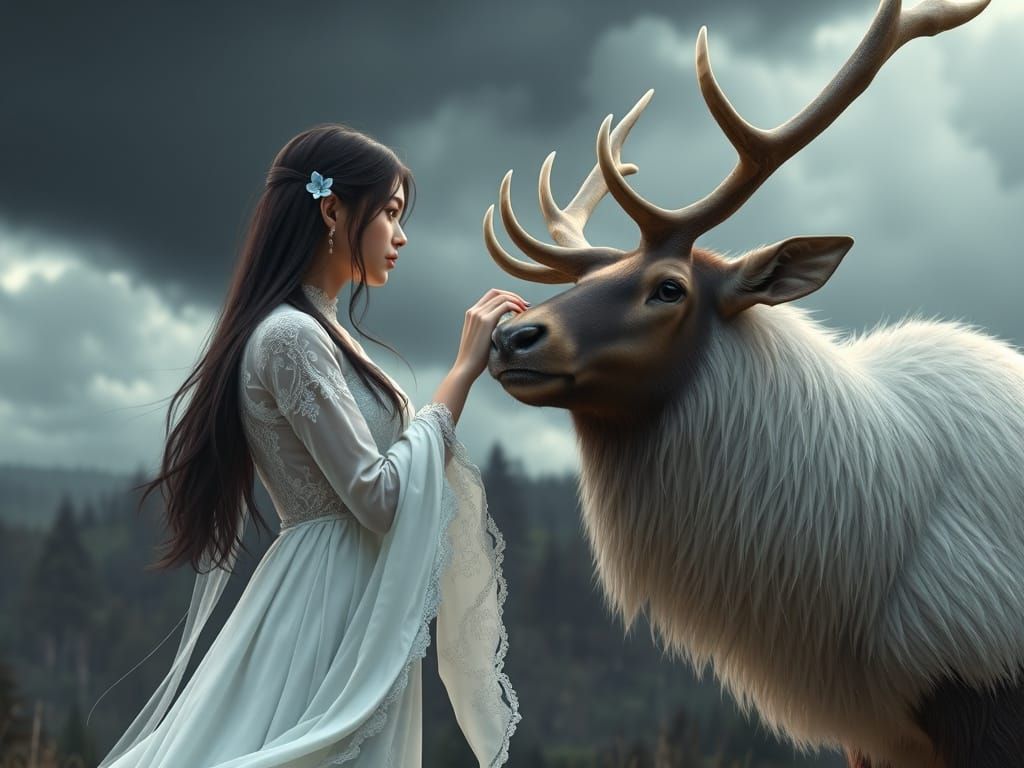 A young woman in a white dress gently reaches out to touch t...