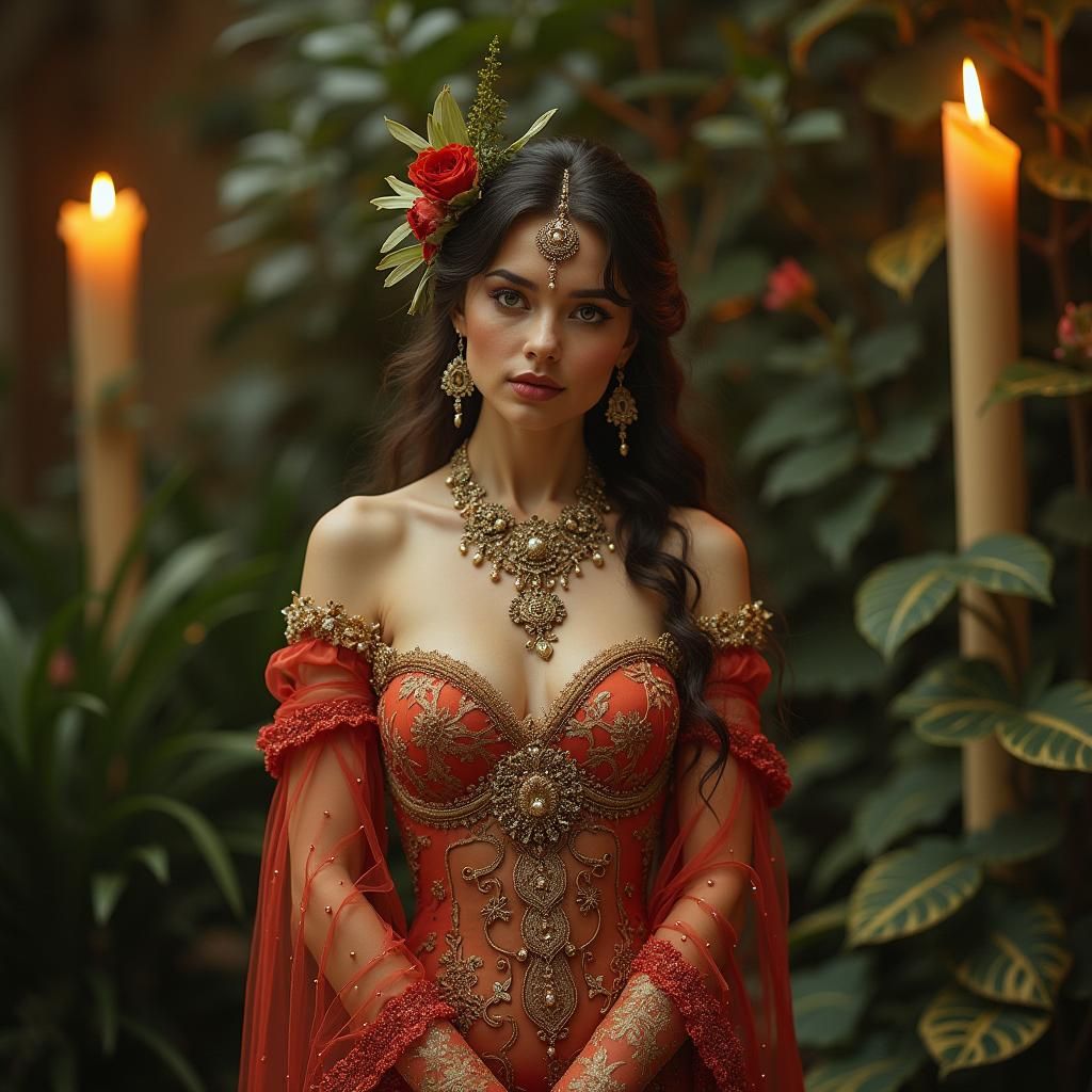 Courtesan in Candlelit Garden, Pre-Raphaelite Style