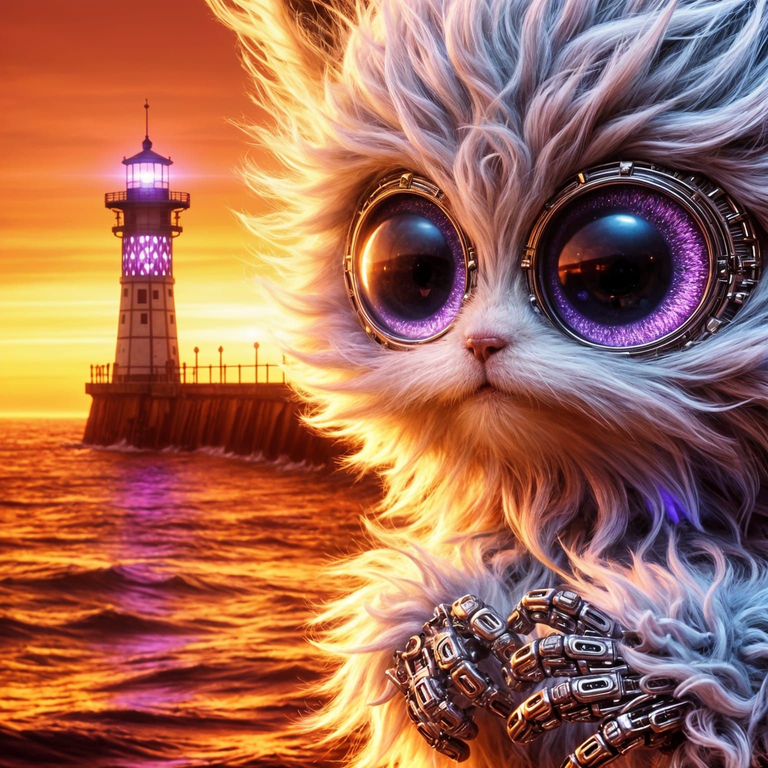 Cyberpunk Cyborg Kitten with Lighthouse at Sunset