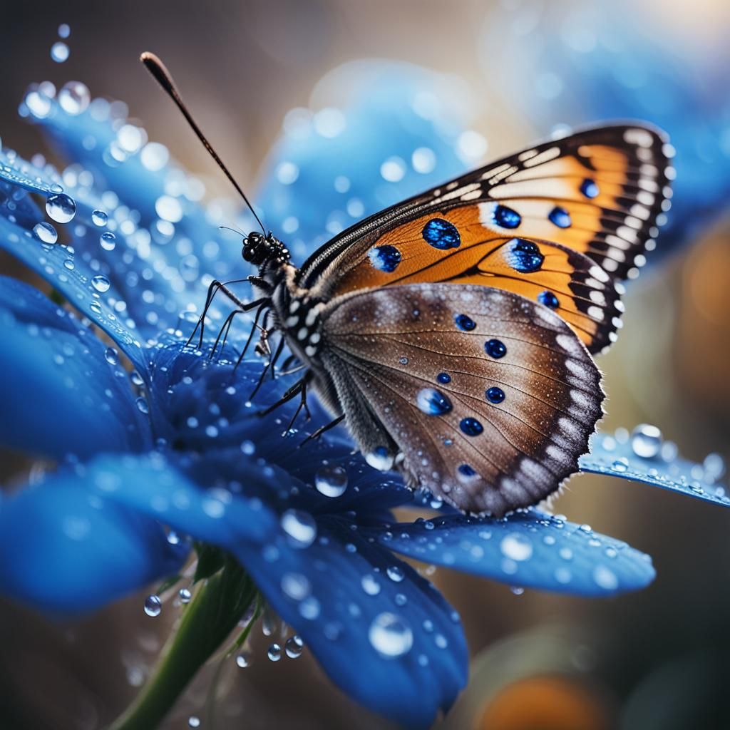 Butterfly on Dewy Flower: Macro Photography