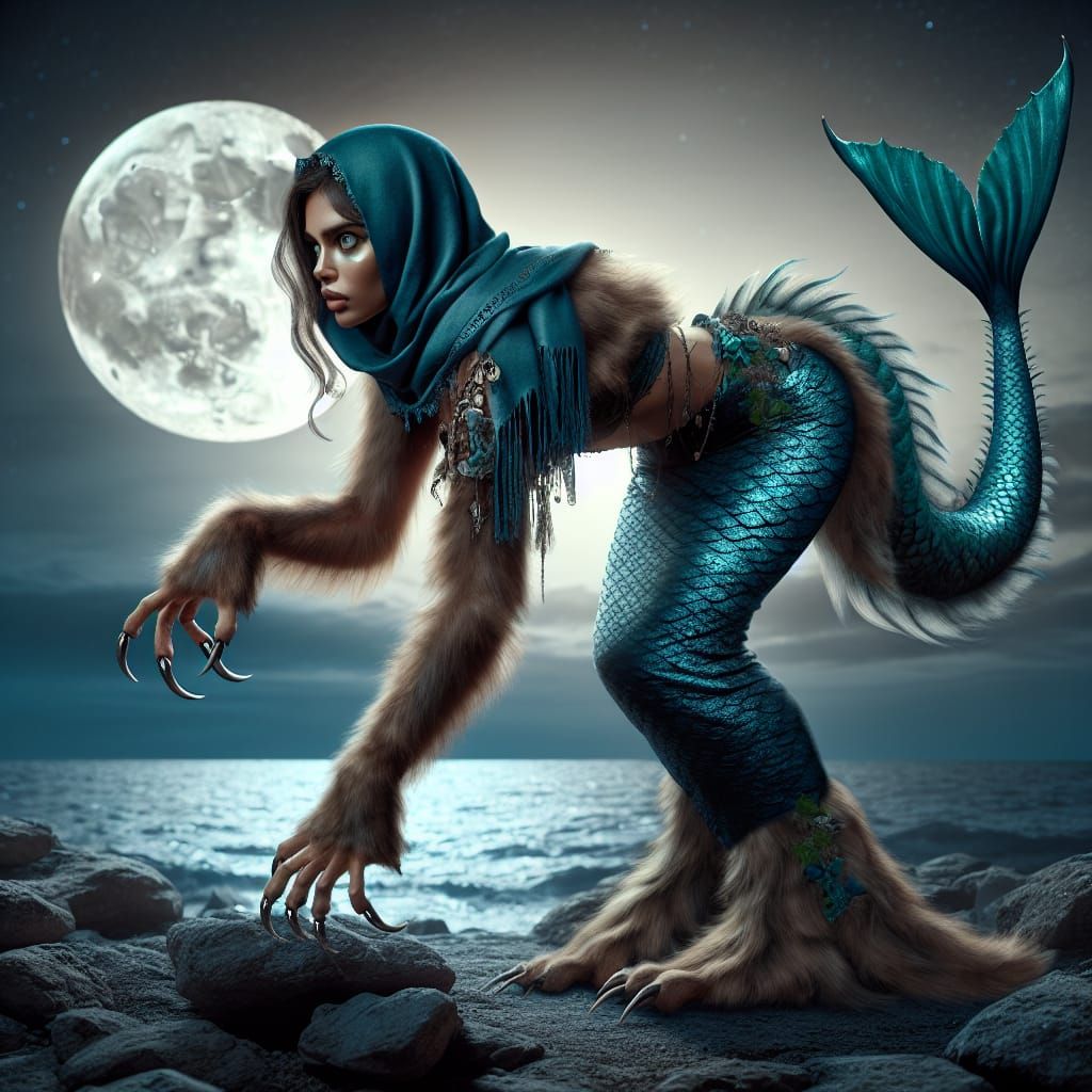 Mystical Transformation: Woman Turns Into Werewolf Mermaid