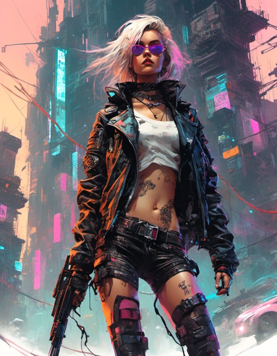 <lora:Character X:1.0> hero shot of a cyberpunk biker girl, cyberpunk city, ultrawide shot