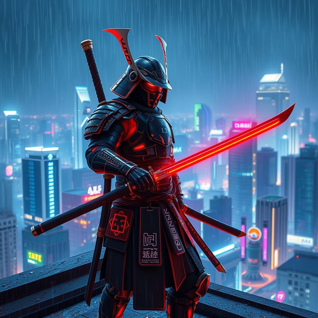 Cyberpunk Samurai Overlooking Neon City